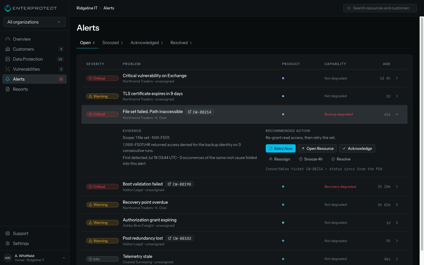 The EnterProtect alert queue with a root-cause alert expanded to show evidence and recommended actions