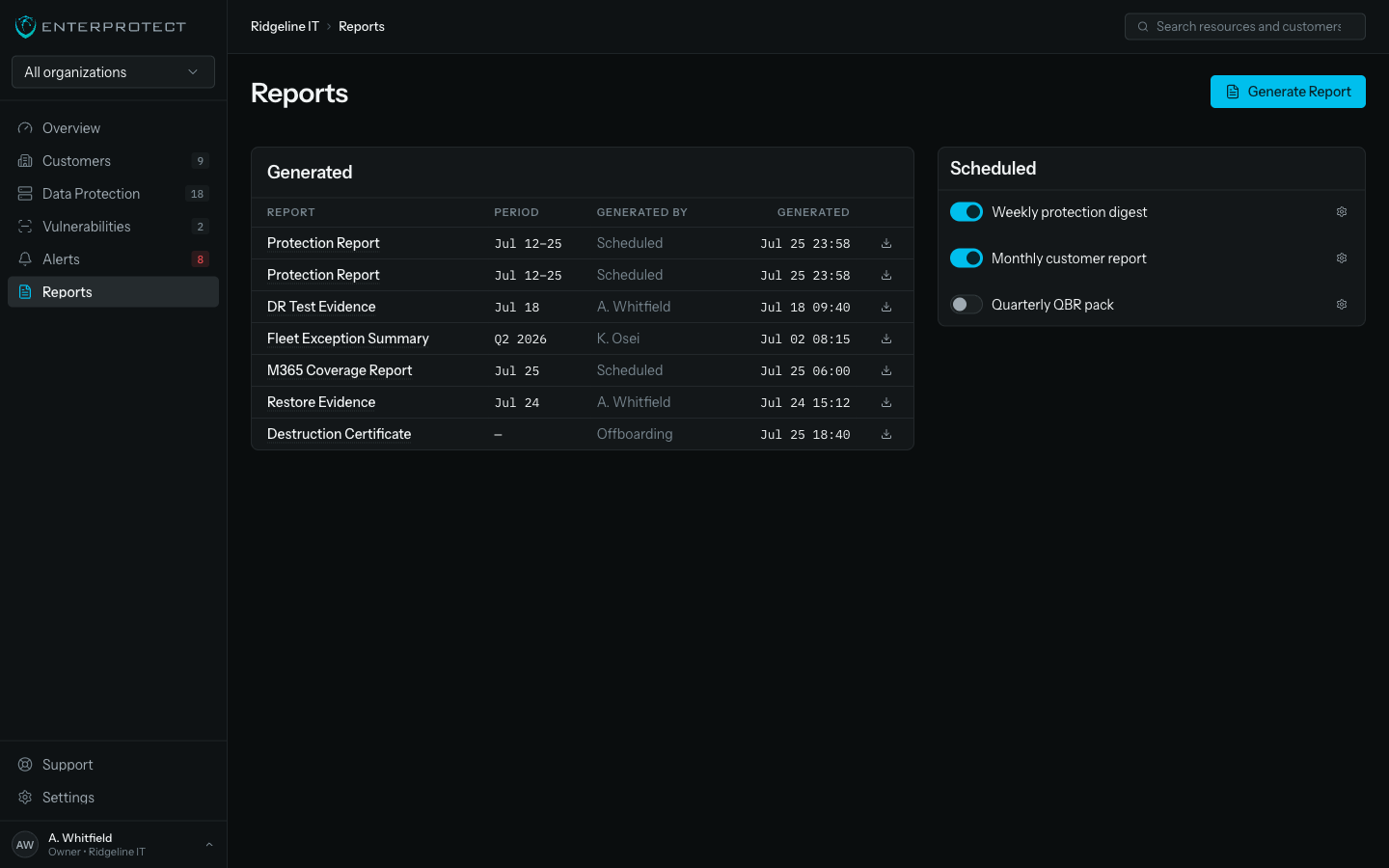 The Reports screen showing customer-ready reports and evidence exports